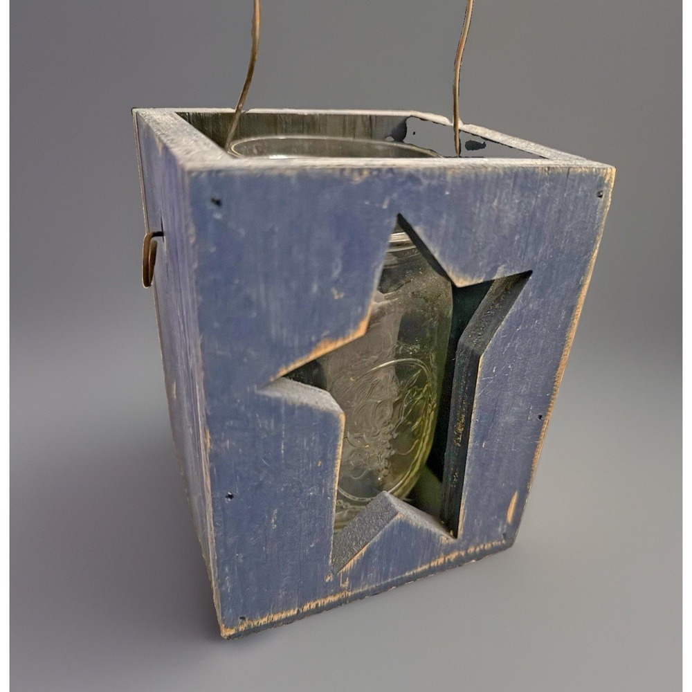Primitive Rustic Blue Wood Star Lantern Candle Holder Vintage Fruit Glass Jar